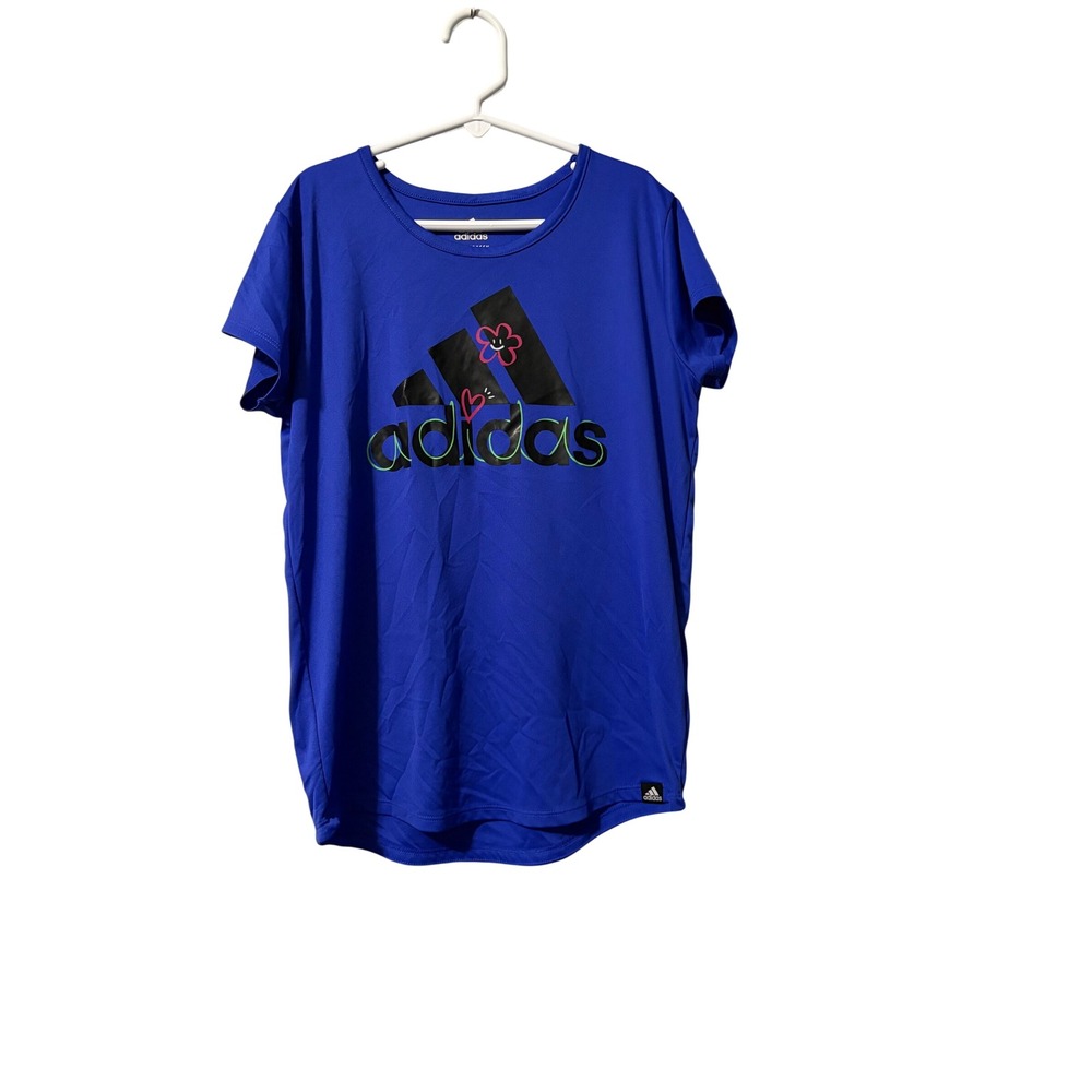 Adidas Girls Primegreen AEROREADY Royal Blue Graphic Logo T-Shirt‎ Size L 14